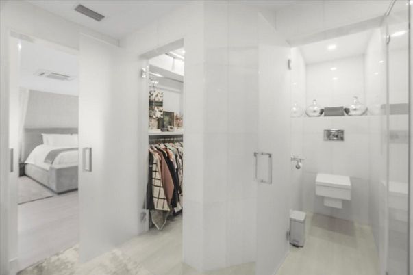 Bathroom, Bedroom, Glass Shower, Interior, Recessed Lighting, Wood Texture Flooring