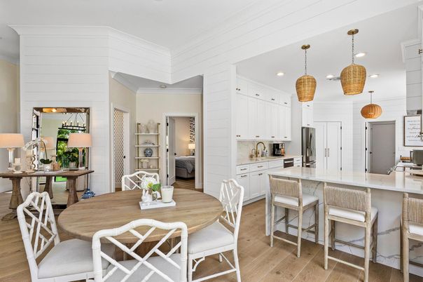 Dining room, Interior, Kitchen, Pendant Lights, Recessed Lighting, Stainless Steel Appliances, Wood Texture Flooring