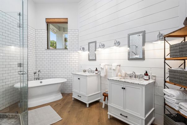 Bathroom, Dual Sink Vanities, Free Standing Baths, Glass Shower, Interior, Wood Texture Flooring