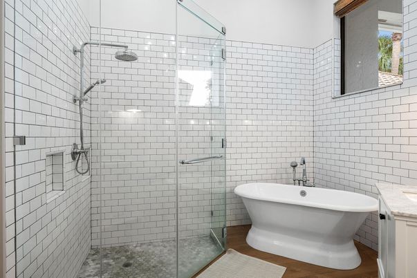 Bathroom, Free Standing Baths, Glass Shower, Interior, Wood Texture Flooring