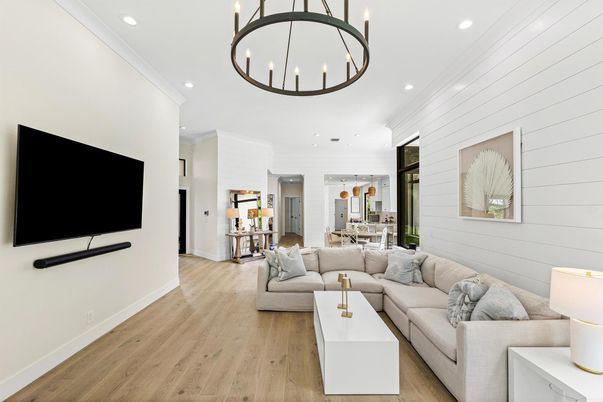 Chandelier, Dining room, Interior, Living room, Pendant Lights, Recessed Lighting, Wood Texture Flooring