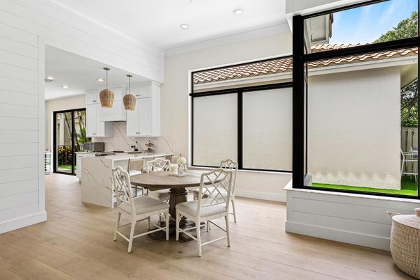 Dining room, Interior, Kitchen, Pendant Lights, Recessed Lighting, Wood Texture Flooring