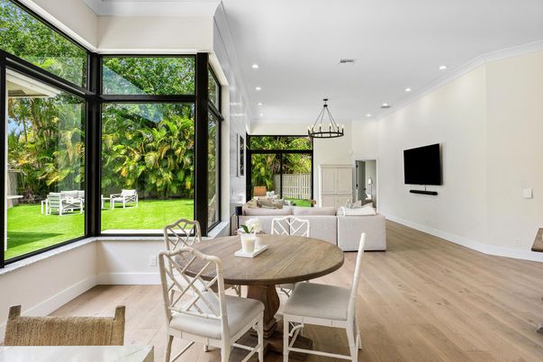 Dining room, Interior, Living room, Pendant Lights, Recessed Lighting, Wood Texture Flooring