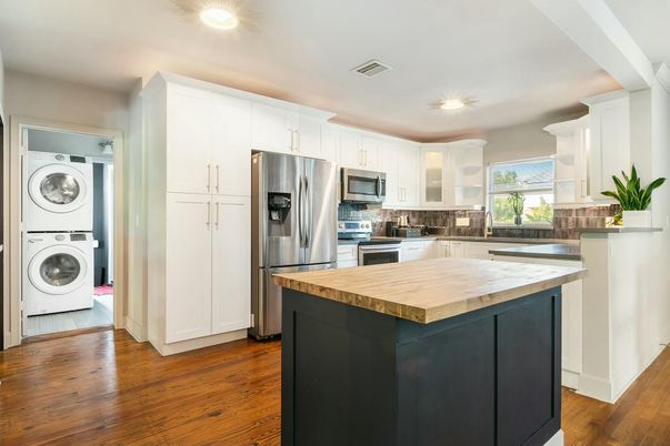 Interior, Kitchen, Recessed Lighting, Stainless Steel Appliances, Washer, Wood Texture Flooring