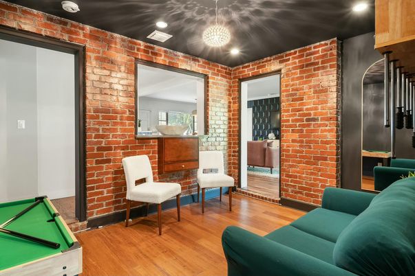 Game Room, Interior, Pendant Lights, Recessed Lighting, Stone Walls, Wood Texture Flooring