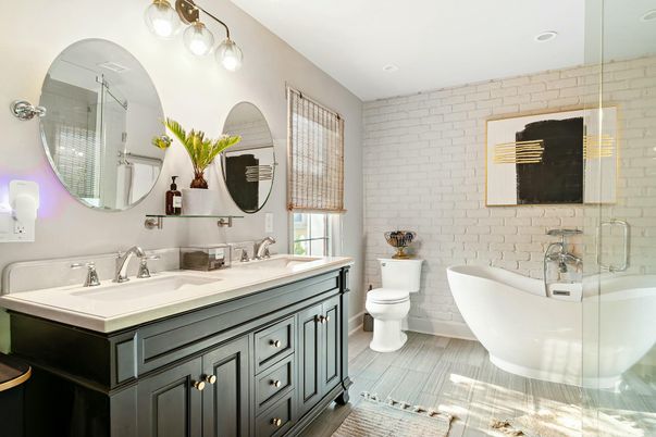 Bathroom, Dual Sink Vanities, Glass Shower, Interior, Recessed Lighting, Stone Walls