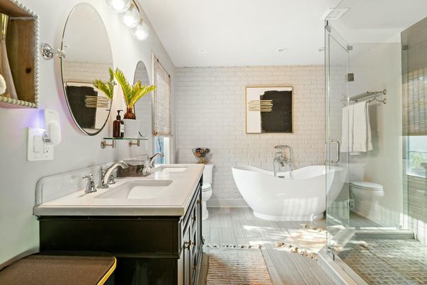 Bathroom, Dual Sink Vanities, Free Standing Baths, Glass Shower, Interior, Recessed Lighting, Stone Walls