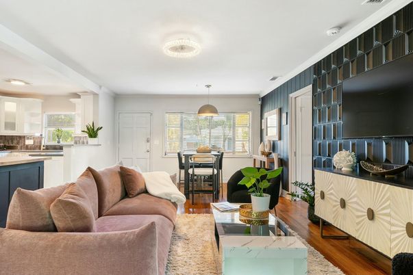 Dining room, Interior, Kitchen, Living room, Pendant Lights, Wood Texture Flooring