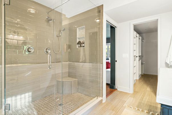 Bathroom, Glass Shower, Interior, Wood Texture Flooring