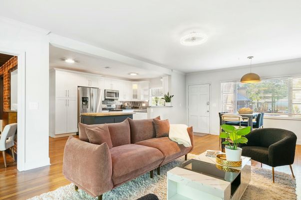 Dining room, Interior, Kitchen, Living room, Pendant Lights, Recessed Lighting, Stainless Steel Appliances, Wood Texture Flooring