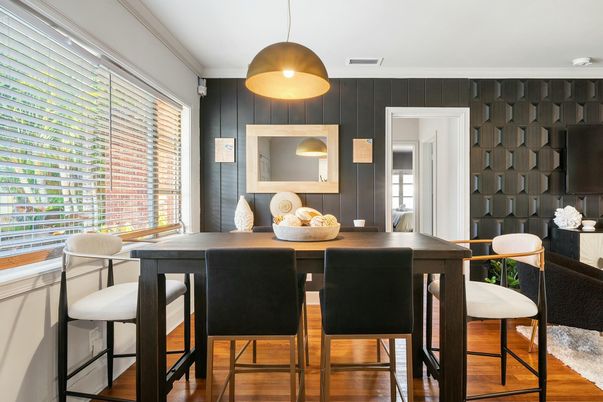 Dining room, Interior, Pendant Lights, Wood Texture Flooring