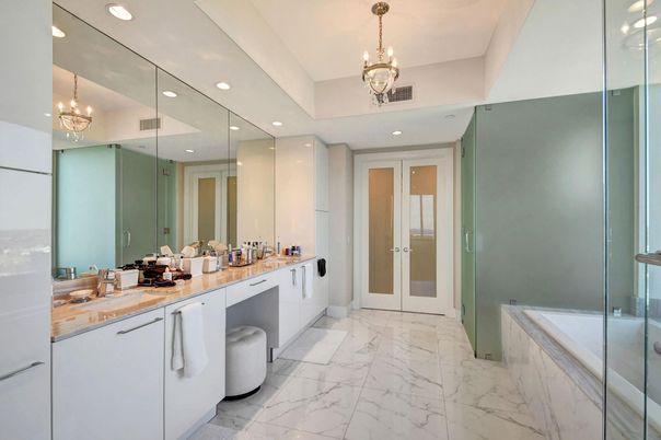 Bathroom, Chandelier, Dual Sink Vanities, Glass Shower, Interior, Marble, Pendant Lights, Recessed Lighting
