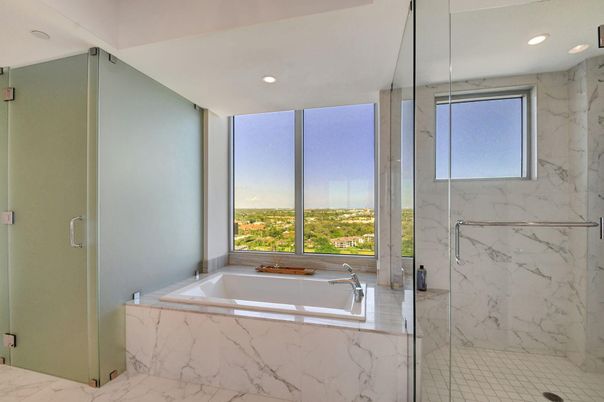 Bathroom, Glass Shower, Interior, Marble, Marble Walls, Recessed Lighting