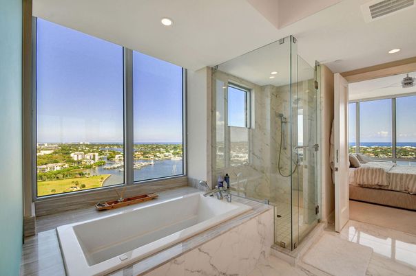 Bathroom, Bedroom, Glass Shower, Interior, Marble, Marble Walls, Recessed Lighting, Water