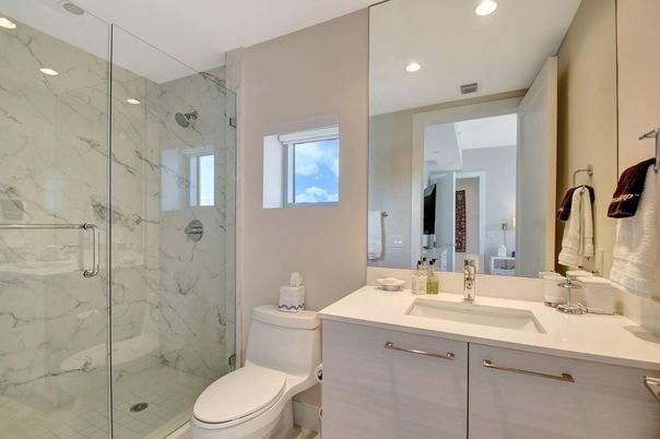 Bathroom, Glass Shower, Interior, Marble Walls, Recessed Lighting
