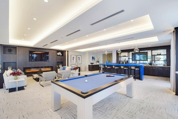 Billiard Table, Fireplace, Game Room, Interior, Living room, Pendant Lights, Recessed Lighting