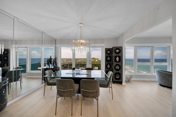 Dining room, Interior, Pendant Lights, Water, Wood Texture Flooring