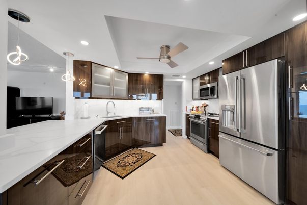 Interior, Kitchen, Pendant Lights, Recessed Lighting, Stainless Steel Appliances, Wood Texture Flooring