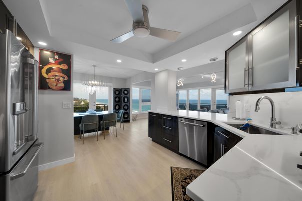 Chandelier, Dining room, Interior, Kitchen, Recessed Lighting, Stainless Steel Appliances, Water, Wood Texture Flooring