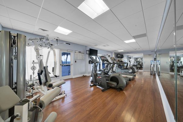 Fitness Equipment, Gym, Interior, Recessed Lighting, Wood Texture Flooring