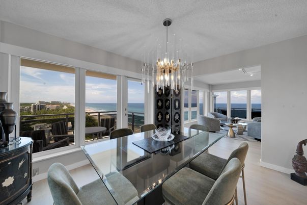 Dining room, Interior, Pendant Lights, Water, Wood Texture Flooring