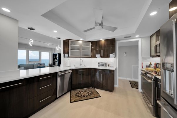 Interior, Kitchen, Recessed Lighting, Stainless Steel Appliances, Water, Wood Texture Flooring