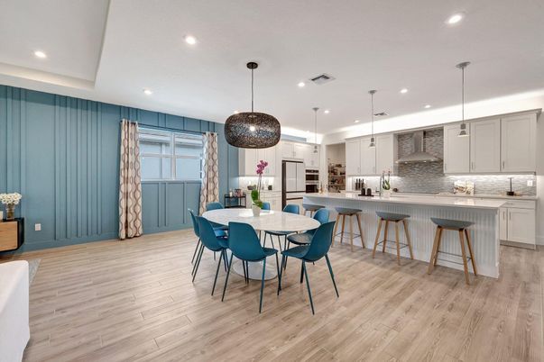 Dining room, Interior, Kitchen, Pendant Lights, Recessed Lighting, Wood Texture Flooring