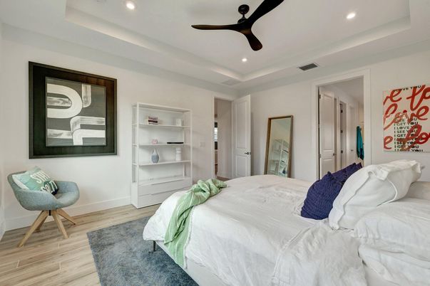 Bedroom, Interior, Recessed Lighting, Wood Texture Flooring