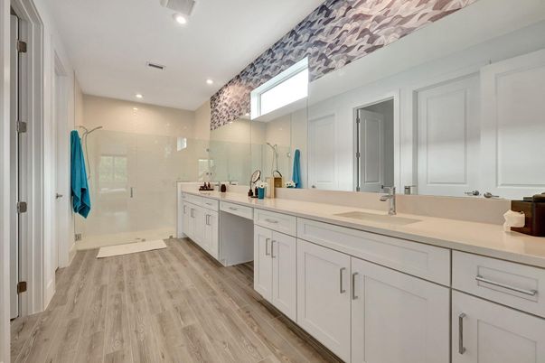 Bathroom, Dual Sink Vanities, Glass Shower, Interior, Recessed Lighting, Wood Texture Flooring