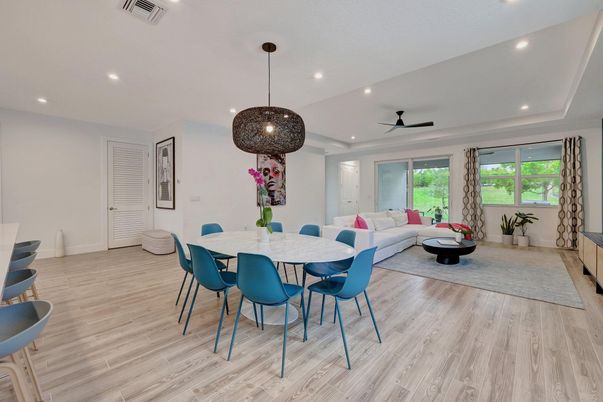 Dining room, Interior, Living room, Pendant Lights, Recessed Lighting, Wood Texture Flooring