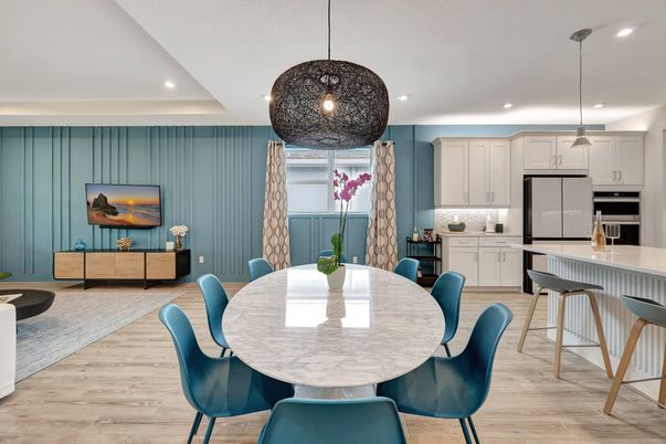 Dining room, Interior, Kitchen, Pendant Lights, Recessed Lighting, Stainless Steel Appliances, Wood Texture Flooring