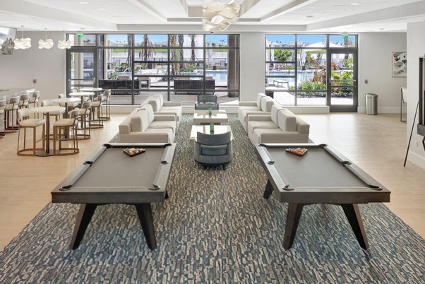 Billiard Table, Game Room, Interior, Living room, Pendant Lights, Recessed Lighting, Wood Texture Flooring
