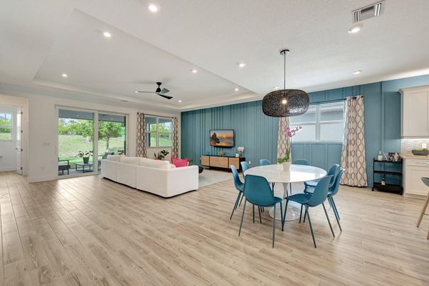 Dining room, Interior, Living room, Pendant Lights, Recessed Lighting, Wood Texture Flooring
