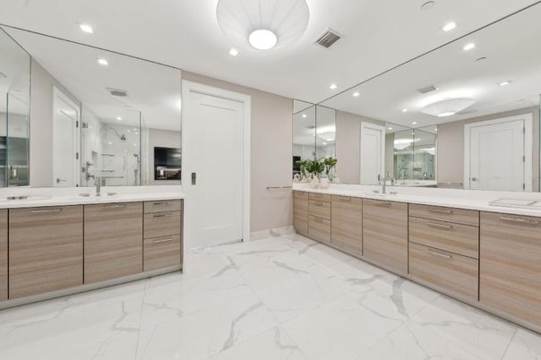 Bathroom, Dual Sink Vanities, Glass Shower, Interior, Marble, Recessed Lighting