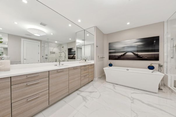 Bathroom, Dual Sink Vanities, Free Standing Baths, Glass Shower, Interior, Marble, Recessed Lighting