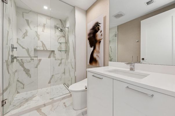 Bathroom, Glass Shower, Interior, Marble, Marble Walls, Recessed Lighting