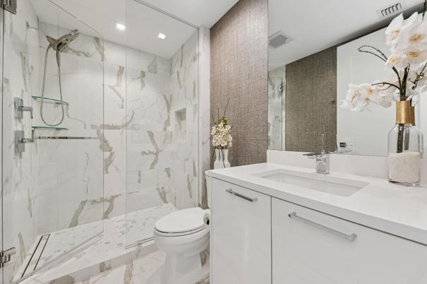 Bathroom, Glass Shower, Interior, Marble, Marble Walls, Recessed Lighting