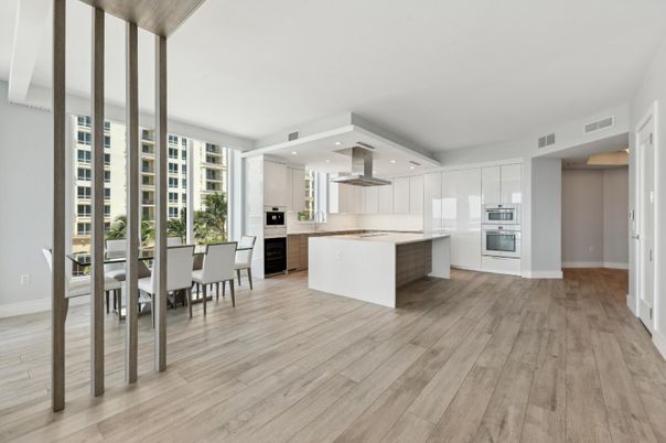 Dining room, Interior, Kitchen, Recessed Lighting, Stainless Steel Appliances, Wood Texture Flooring