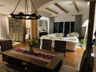 Chandelier, Dining room, Interior, Living room, Recessed Lighting, Wooden Beams, Wood Texture Flooring