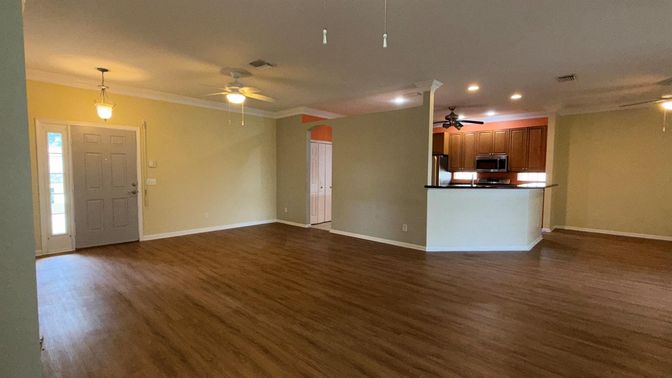 Empty room, Interior, Kitchen, Pendant Lights, Recessed Lighting, Wood Texture Flooring
