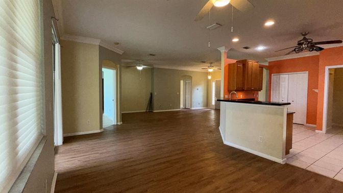 Empty room, Interior, Kitchen, Recessed Lighting, Wood Texture Flooring