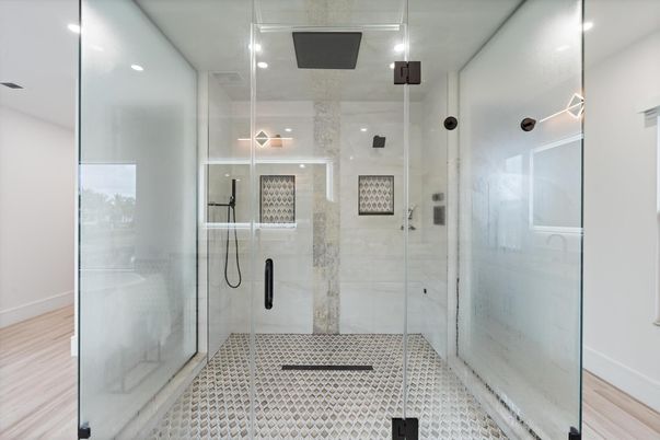 Bathroom, Glass Shower, Interior, Recessed Lighting, Wood Texture Flooring