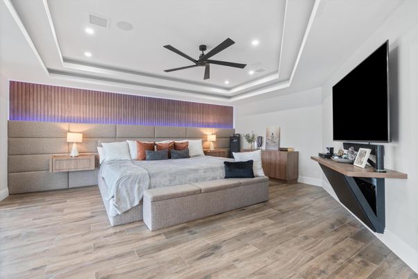 Bedroom, Interior, Recessed Lighting, Wood Texture Flooring