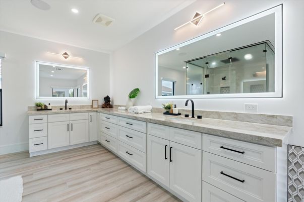Bathroom, Dual Sink Vanities, Interior, Recessed Lighting, Wood Texture Flooring
