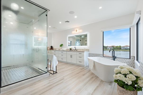Bathroom, Dual Sink Vanities, Free Standing Baths, Glass Shower, Interior, Recessed Lighting, Wood Texture Flooring