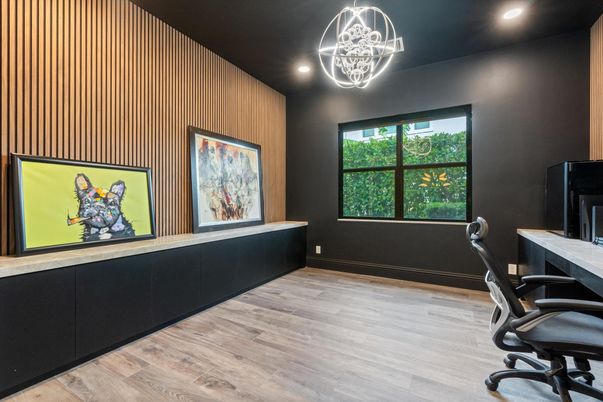 Home Office, Interior, Pendant Lights, Recessed Lighting, Wood Texture Flooring