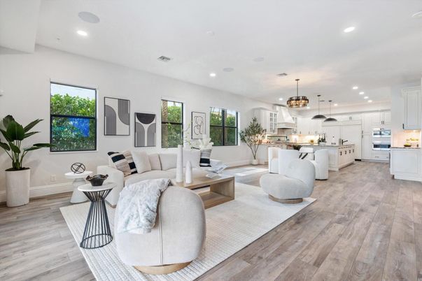Interior, Kitchen, Living room, Pendant Lights, Recessed Lighting, Stainless Steel Appliances, Wood Texture Flooring