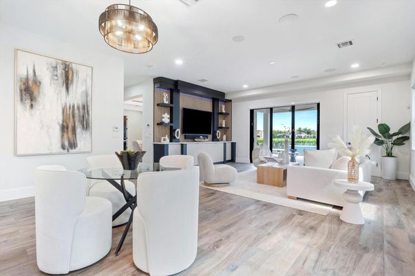 Dining room, Interior, Living room, Recessed Lighting, Wood Texture Flooring