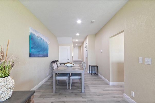 Dining room, Interior, Recessed Lighting, Wood Texture Flooring