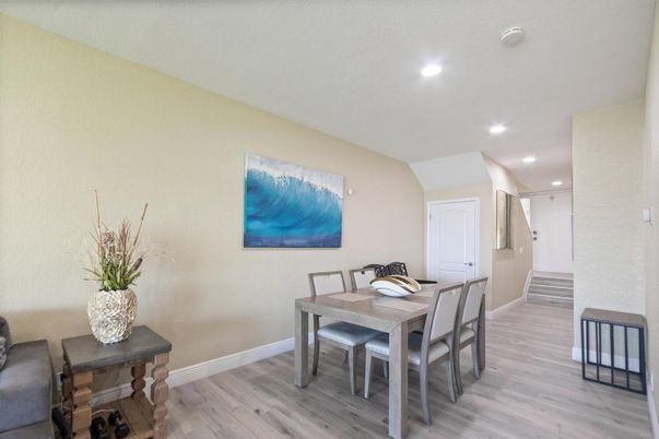 Dining room, Interior, Recessed Lighting, Wood Texture Flooring